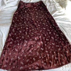 brown satin flower mid length skirt